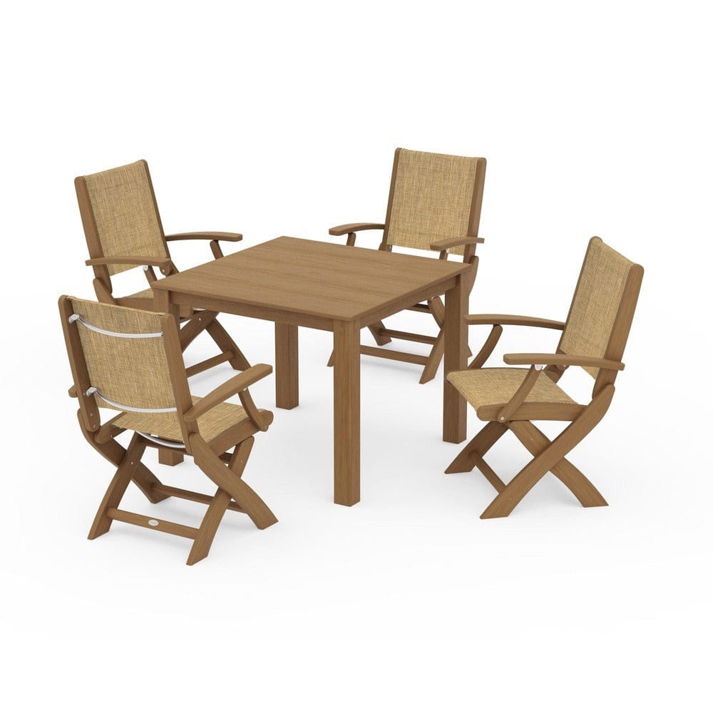 POLYWOOD® Outdoor Furniture Natural / Burlap Sling POLYWOOD® - Coastal Folding Chair 5-Piece Parsons Dining Set - PWS2274