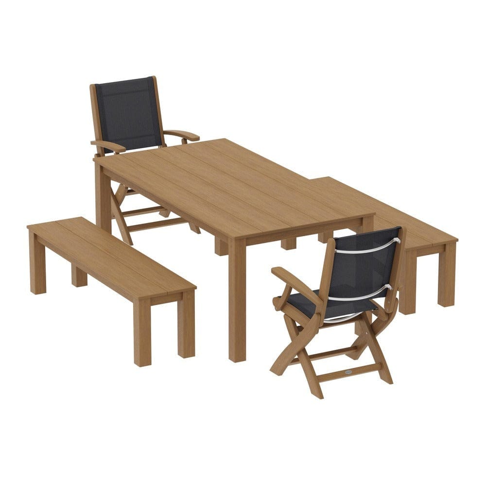 POLYWOOD® Outdoor Furniture Natural / Black Sling POLYWOOD® - Coastal Folding Chair 5-Piece Parsons Dining Set with Benches - PWS2273