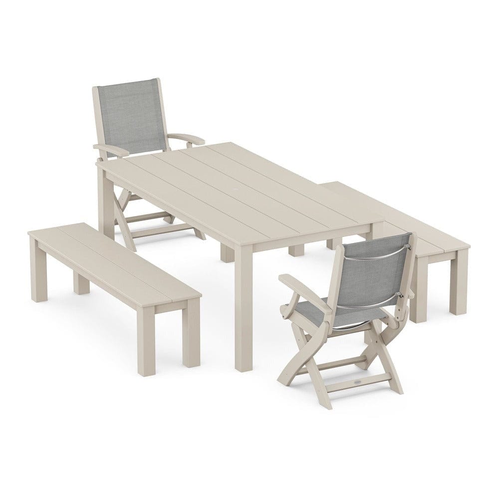 POLYWOOD® Outdoor Furniture Sand / Metallic Sling POLYWOOD® - Coastal Folding Chair 5-Piece Parsons Dining Set with Benches - PWS2273