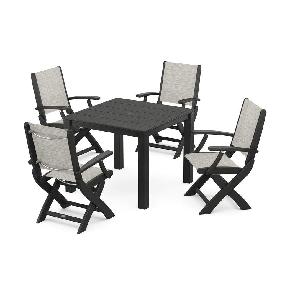 POLYWOOD® Outdoor Furniture Black / Birch Sling POLYWOOD® - Coastal Folding Chair 5-Piece Parsons Dining Set - PWS2274