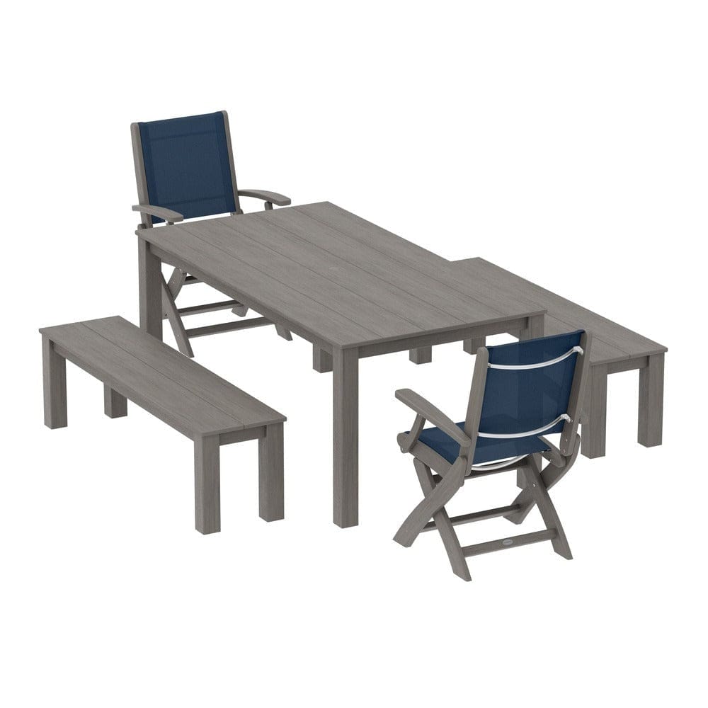 POLYWOOD® Outdoor Furniture POLYWOOD® - Coastal Folding Chair 5-Piece Parsons Dining Set with Benches - PWS2273