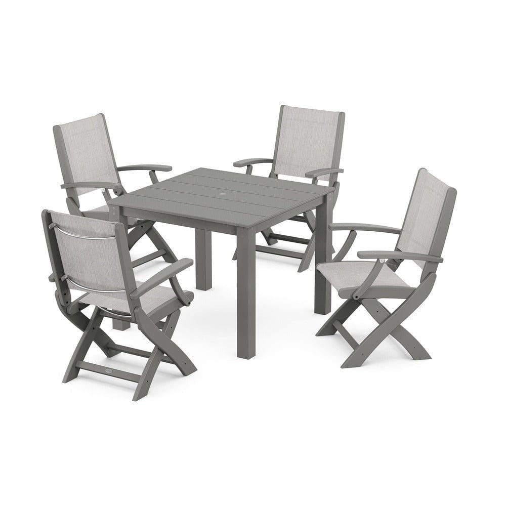 POLYWOOD® Outdoor Furniture Slate Grey / Parchment Sling POLYWOOD® - Coastal Folding Chair 5-Piece Parsons Dining Set - PWS2274