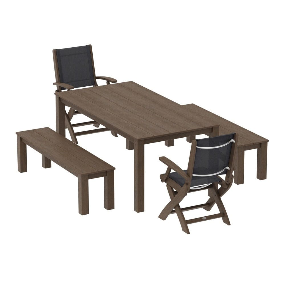 POLYWOOD® Outdoor Furniture POLYWOOD® - Coastal Folding Chair 5-Piece Parsons Dining Set with Benches - PWS2273