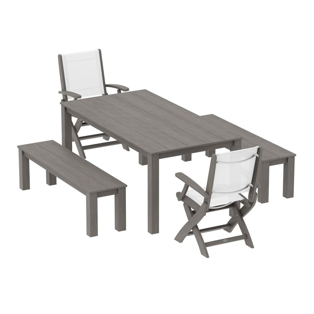 POLYWOOD® Outdoor Furniture Driftwood / White Sling POLYWOOD® - Coastal Folding Chair 5-Piece Parsons Dining Set with Benches - PWS2273
