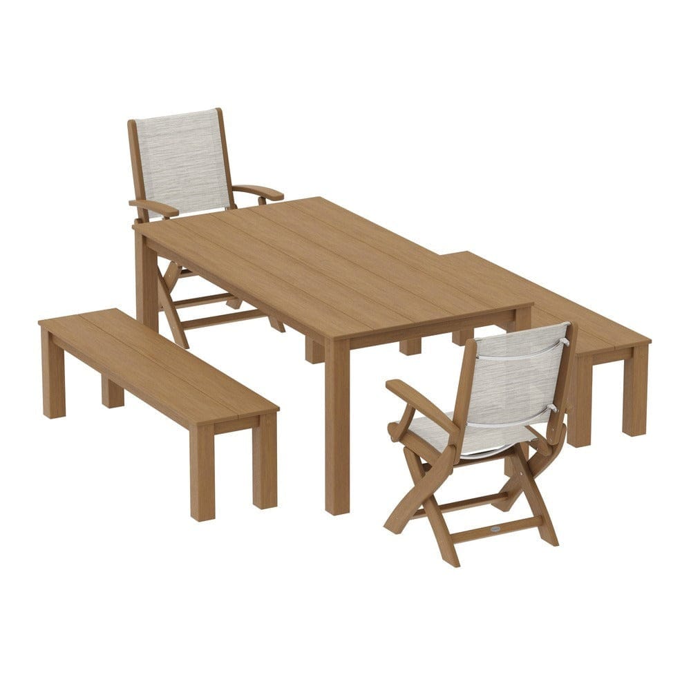 POLYWOOD® Outdoor Furniture Natural / Birch Sling POLYWOOD® - Coastal Folding Chair 5-Piece Parsons Dining Set with Benches - PWS2273