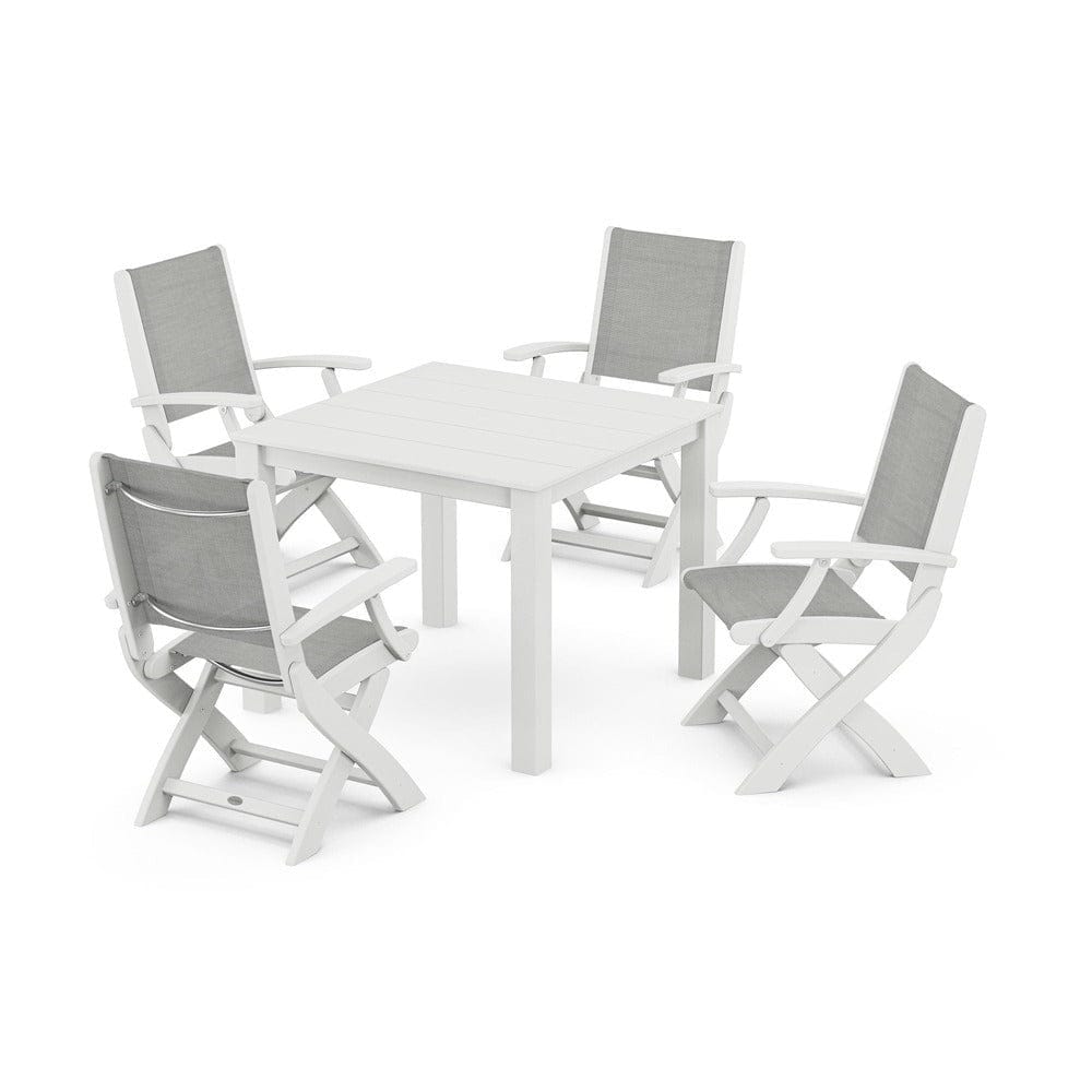 POLYWOOD® Outdoor Furniture White / Metallic Sling POLYWOOD® - Coastal Folding Chair 5-Piece Parsons Dining Set - PWS2274
