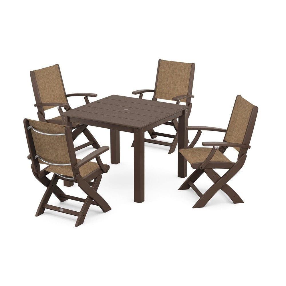 POLYWOOD® Outdoor Furniture Mahogany / Burlap Sling POLYWOOD® - Coastal Folding Chair 5-Piece Parsons Dining Set - PWS2274