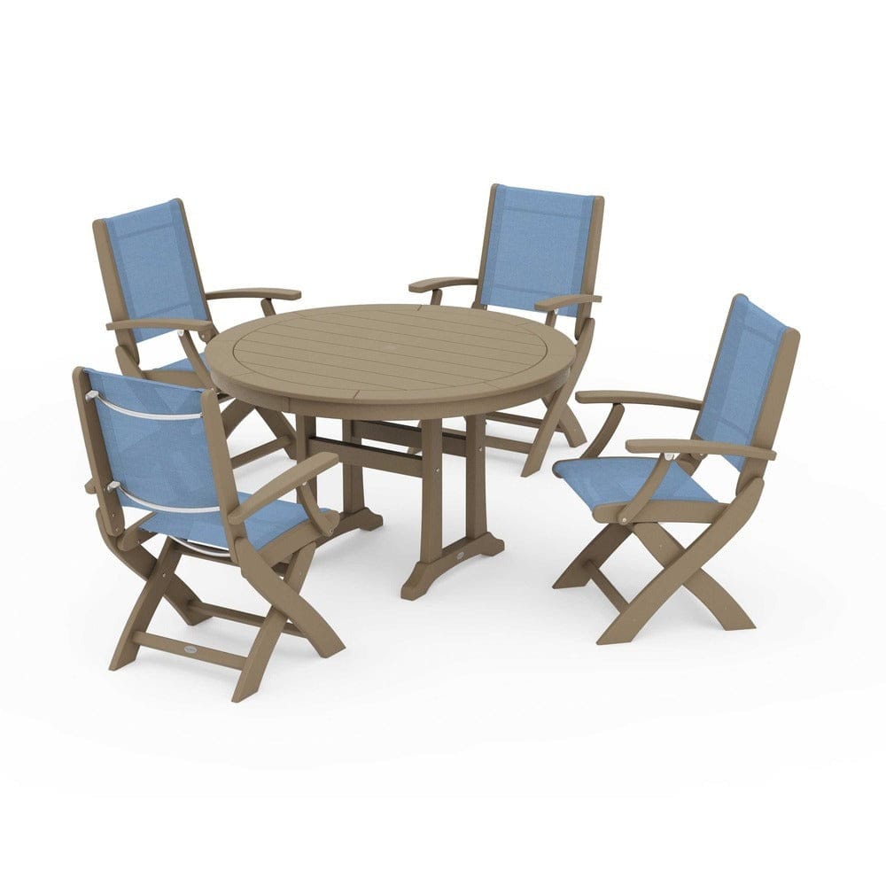 POLYWOOD® Outdoor Furniture Vintage Sahara / Poolside Sling POLYWOOD® - Coastal Folding Chair 5-Piece Round Dining Set with Trestle Legs - PWS1120