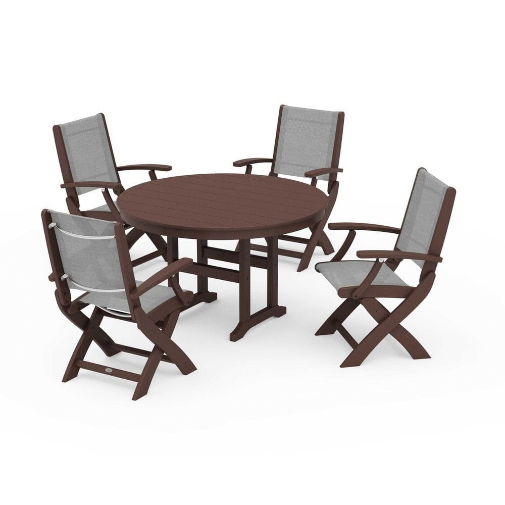 POLYWOOD® Outdoor Furniture Mahogany / Metallic Sling POLYWOOD® - Coastal Folding Chair 5-Piece Round Dining Set - PWS1357