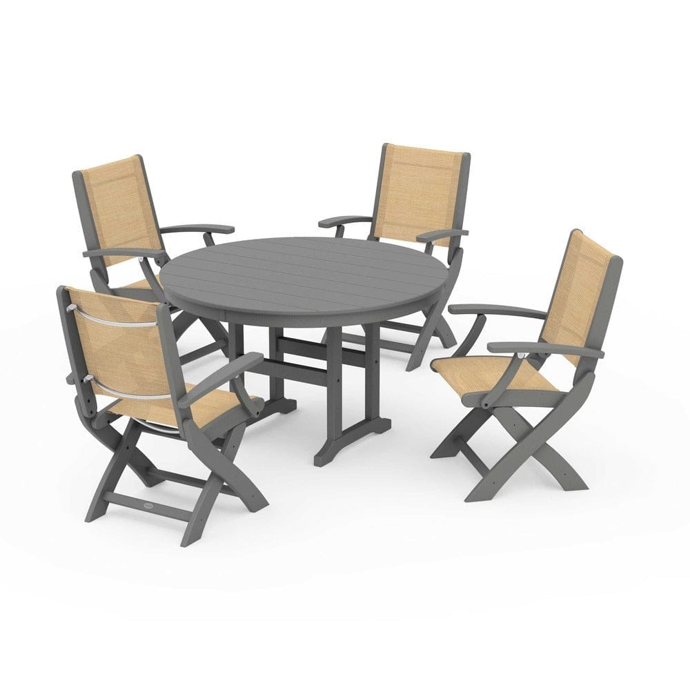 POLYWOOD® Outdoor Furniture Slate Grey / Dupioni Apricot Sling POLYWOOD® - Coastal Folding Chair 5-Piece Round Dining Set - PWS1357