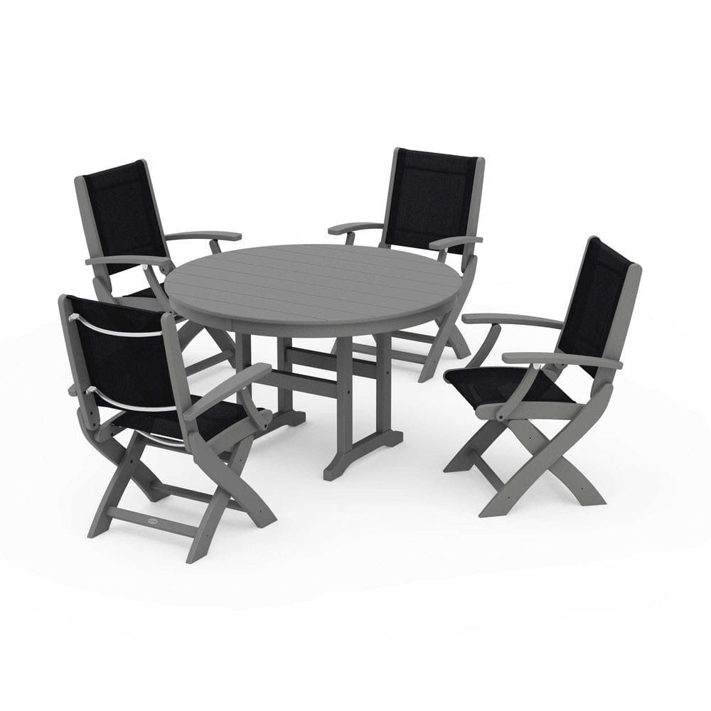 POLYWOOD® Outdoor Furniture Slate Grey / Black Sling POLYWOOD® - Coastal Folding Chair 5-Piece Round Dining Set - PWS1357
