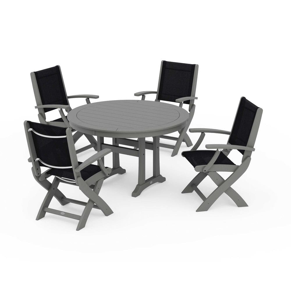 POLYWOOD® Outdoor Furniture Slate Grey / Black Sling POLYWOOD® - Coastal Folding Chair 5-Piece Round Dining Set with Trestle Legs - PWS1120