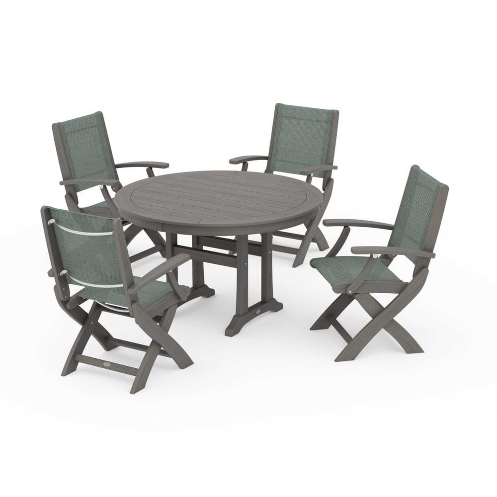 POLYWOOD® Outdoor Furniture POLYWOOD® - Coastal Folding Chair 5-Piece Round Dining Set with Trestle Legs - PWS1120