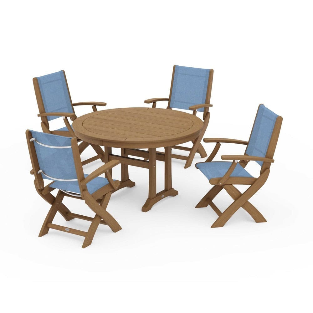 POLYWOOD® Outdoor Furniture POLYWOOD® - Coastal Folding Chair 5-Piece Round Dining Set with Trestle Legs - PWS1120
