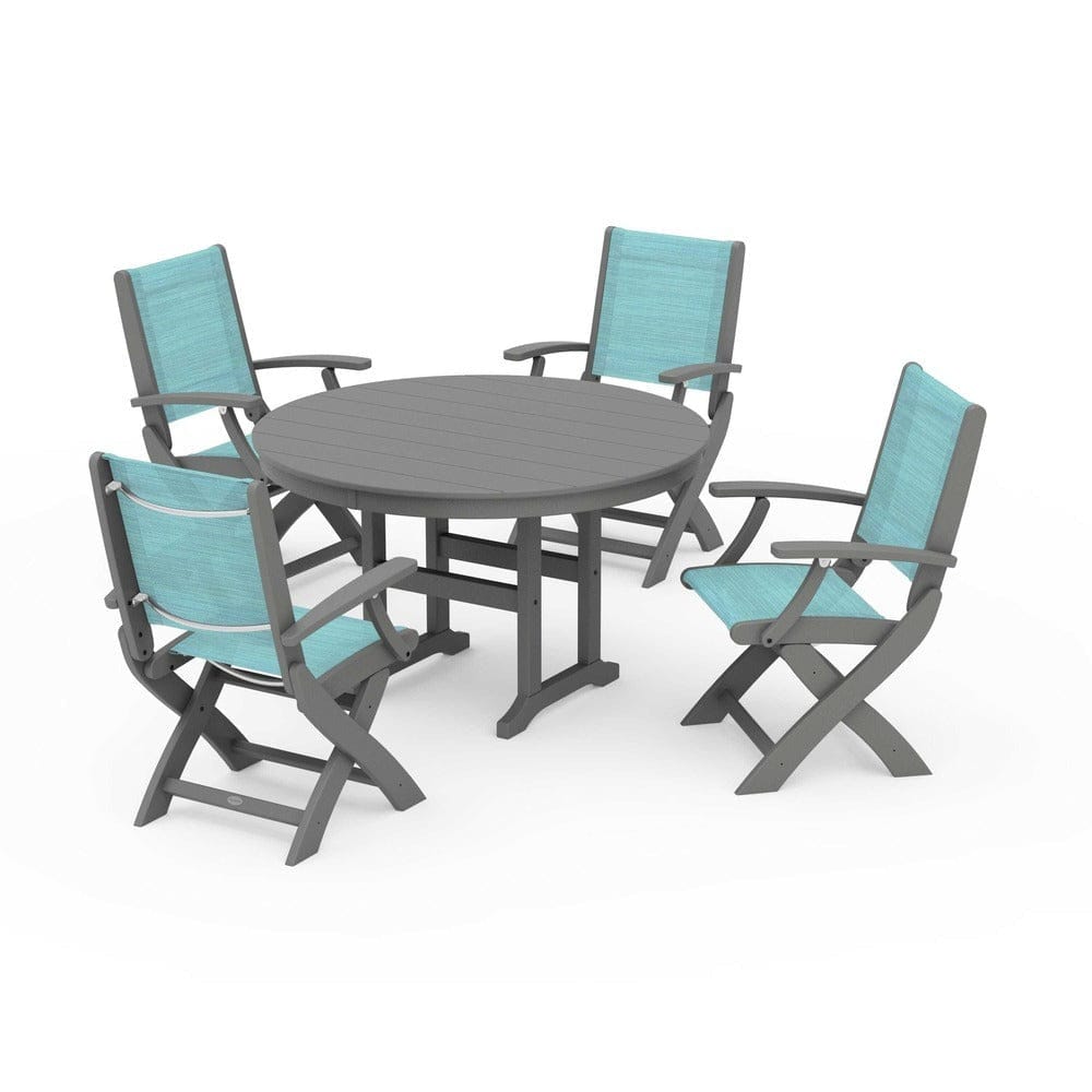 POLYWOOD® Outdoor Furniture Slate Grey / Dupioni Aquamarine Sling POLYWOOD® - Coastal Folding Chair 5-Piece Round Dining Set - PWS1357