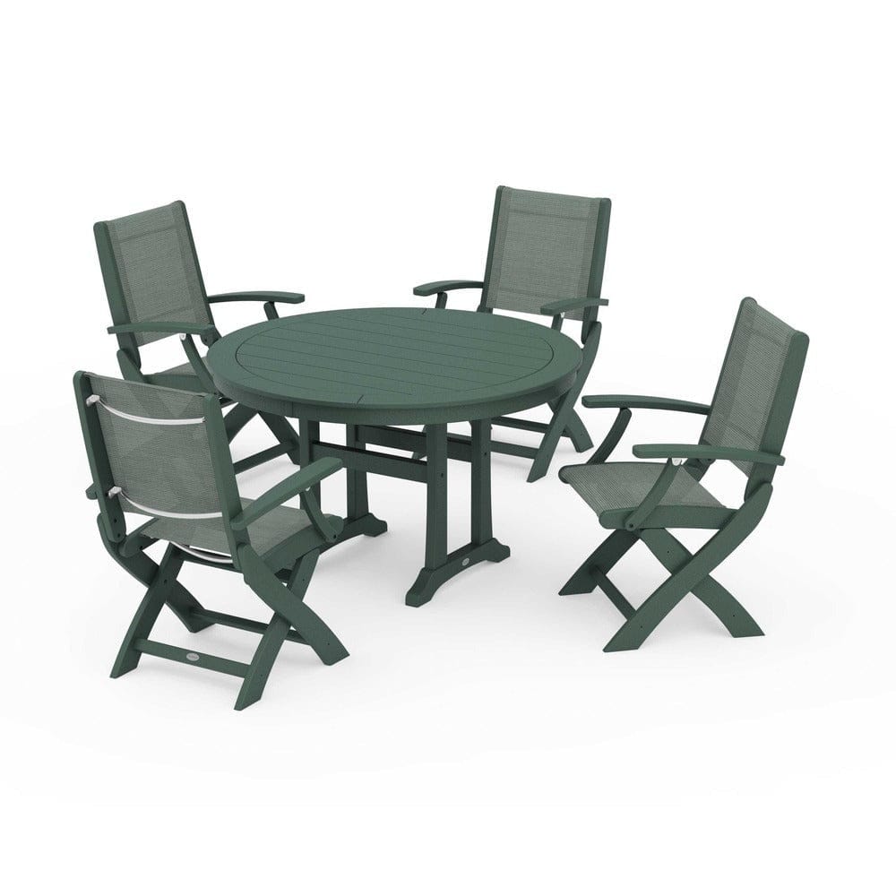 POLYWOOD® Outdoor Furniture Green / Dupioni Sea Mist Sling POLYWOOD® - Coastal Folding Chair 5-Piece Round Dining Set with Trestle Legs - PWS1120