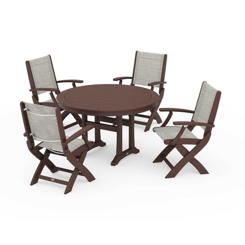 POLYWOOD® Outdoor Furniture Mahogany / Birch Sling POLYWOOD® - Coastal Folding Chair 5-Piece Round Dining Set with Trestle Legs - PWS1120