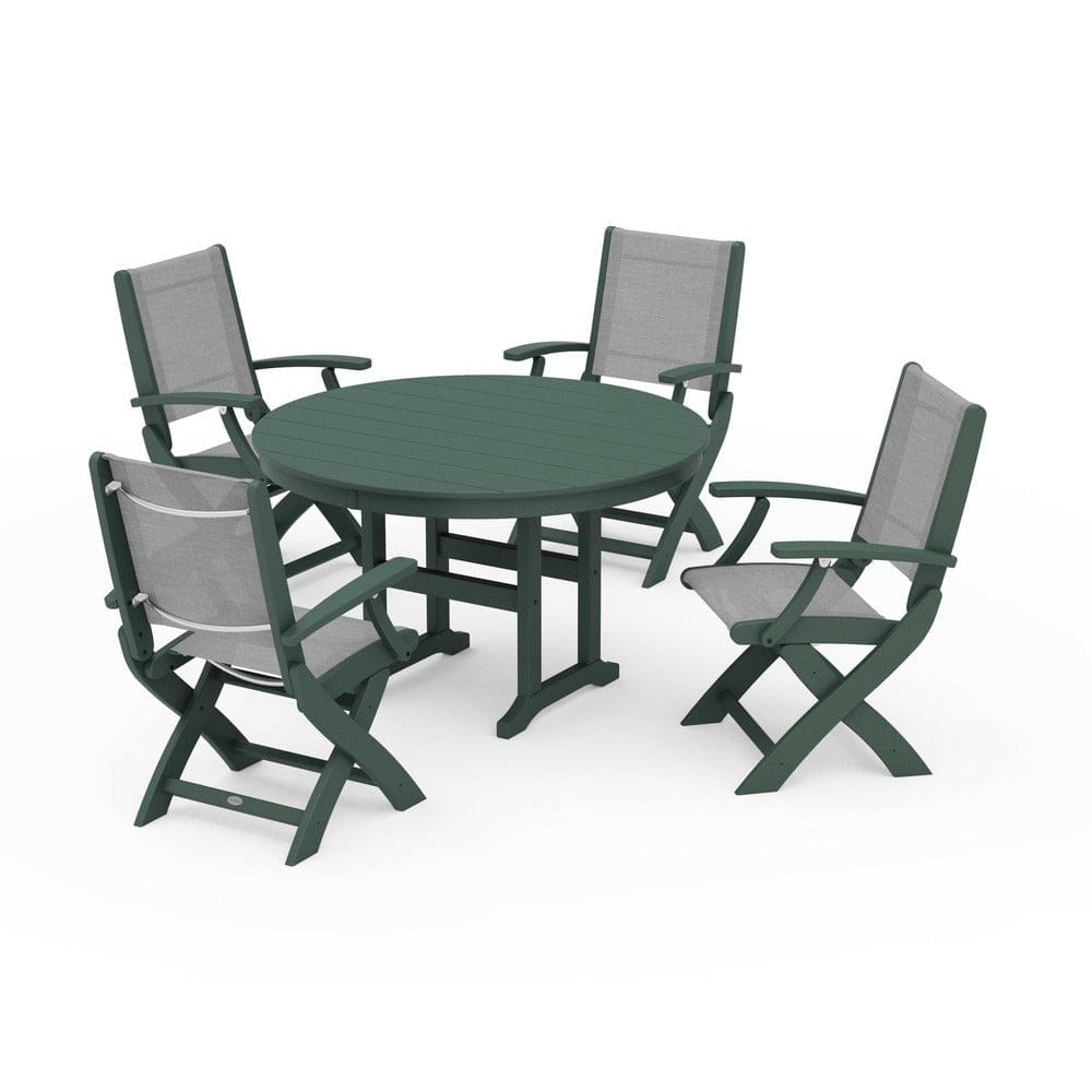 POLYWOOD® Outdoor Furniture Green / Metallic Sling POLYWOOD® - Coastal Folding Chair 5-Piece Round Dining Set - PWS1357