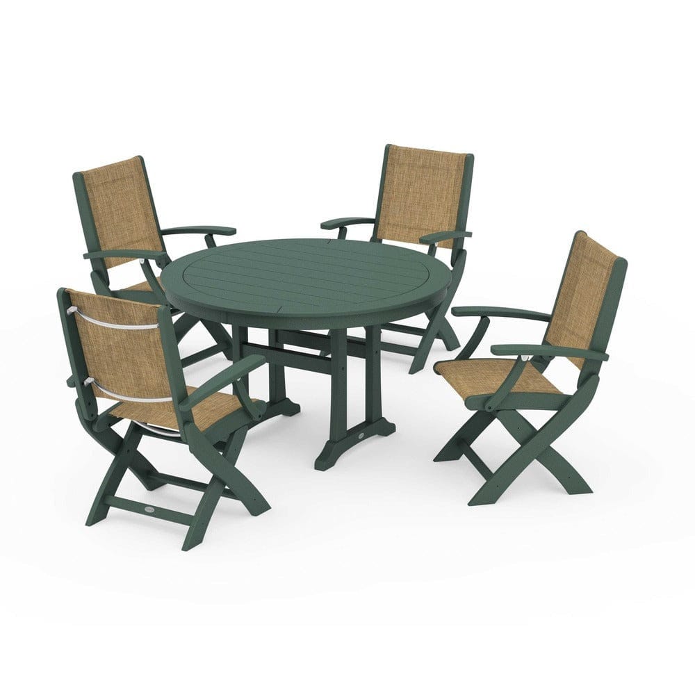 POLYWOOD® Outdoor Furniture Green / Burlap Sling POLYWOOD® - Coastal Folding Chair 5-Piece Round Dining Set with Trestle Legs - PWS1120