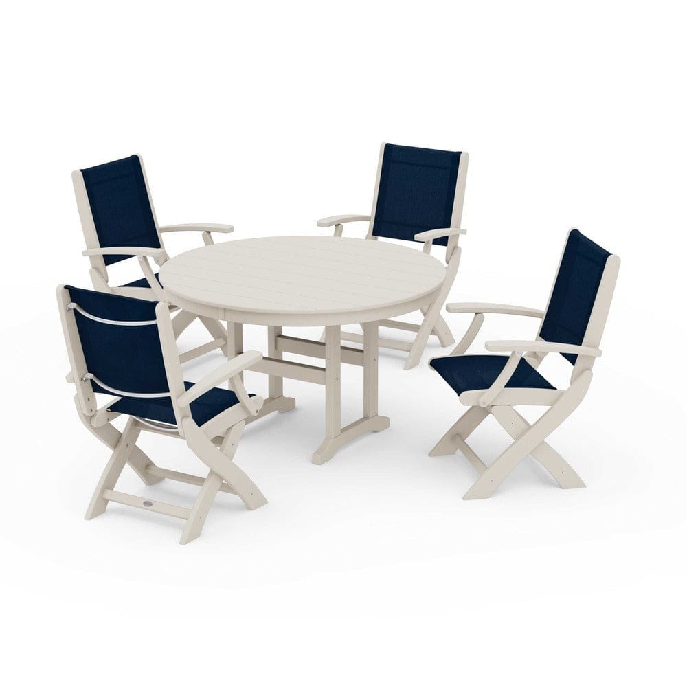 POLYWOOD® Outdoor Furniture Sand / Navy Blue Sling POLYWOOD® - Coastal Folding Chair 5-Piece Round Dining Set - PWS1357
