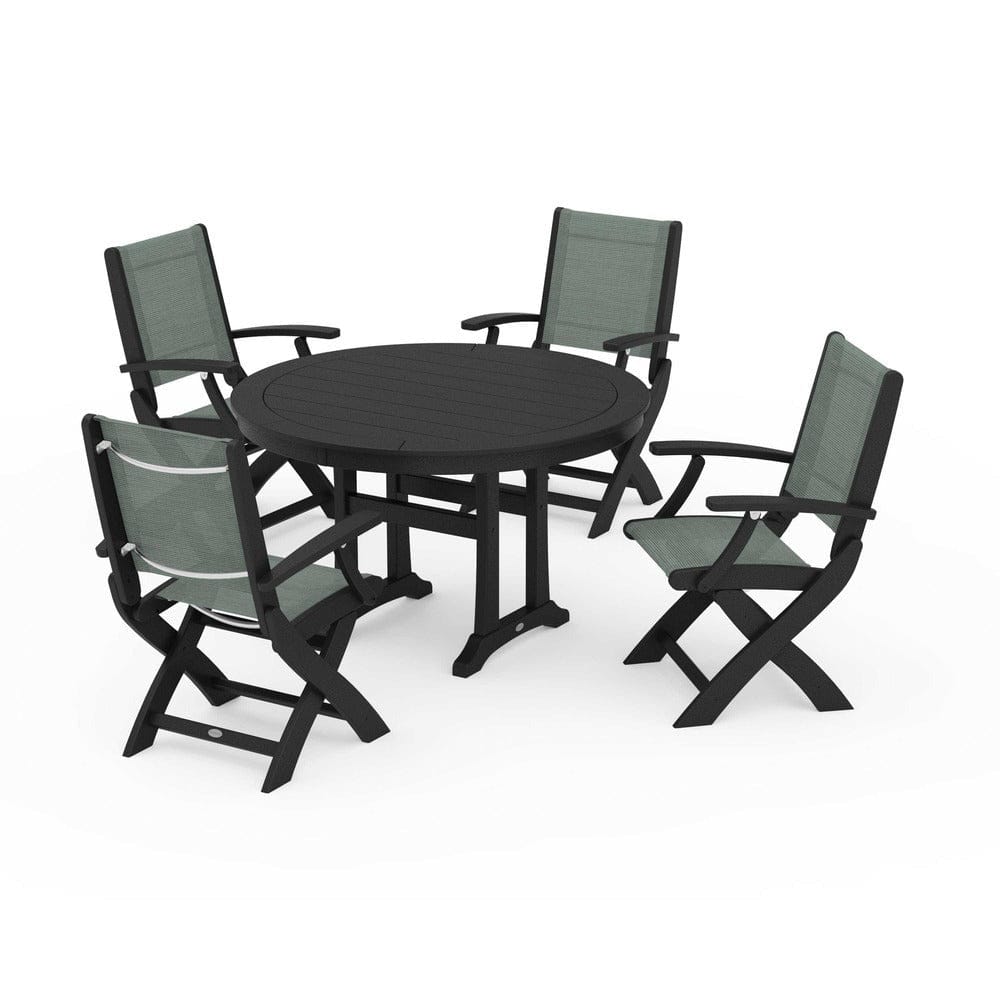 POLYWOOD® Outdoor Furniture Black / Dupioni Sea Mist Sling POLYWOOD® - Coastal Folding Chair 5-Piece Round Dining Set with Trestle Legs - PWS1120