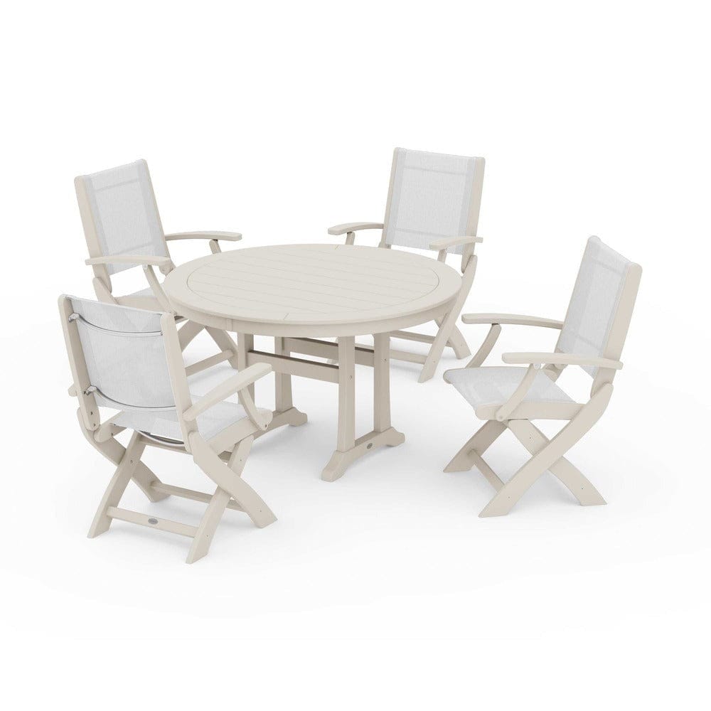 POLYWOOD® Outdoor Furniture Sand / White Sling POLYWOOD® - Coastal Folding Chair 5-Piece Round Dining Set with Trestle Legs - PWS1120