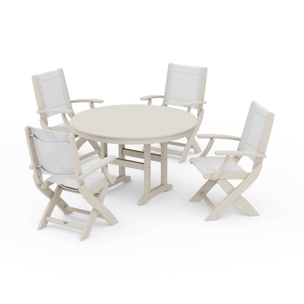 POLYWOOD® Outdoor Furniture Sand / White Sling POLYWOOD® - Coastal Folding Chair 5-Piece Round Dining Set - PWS1357