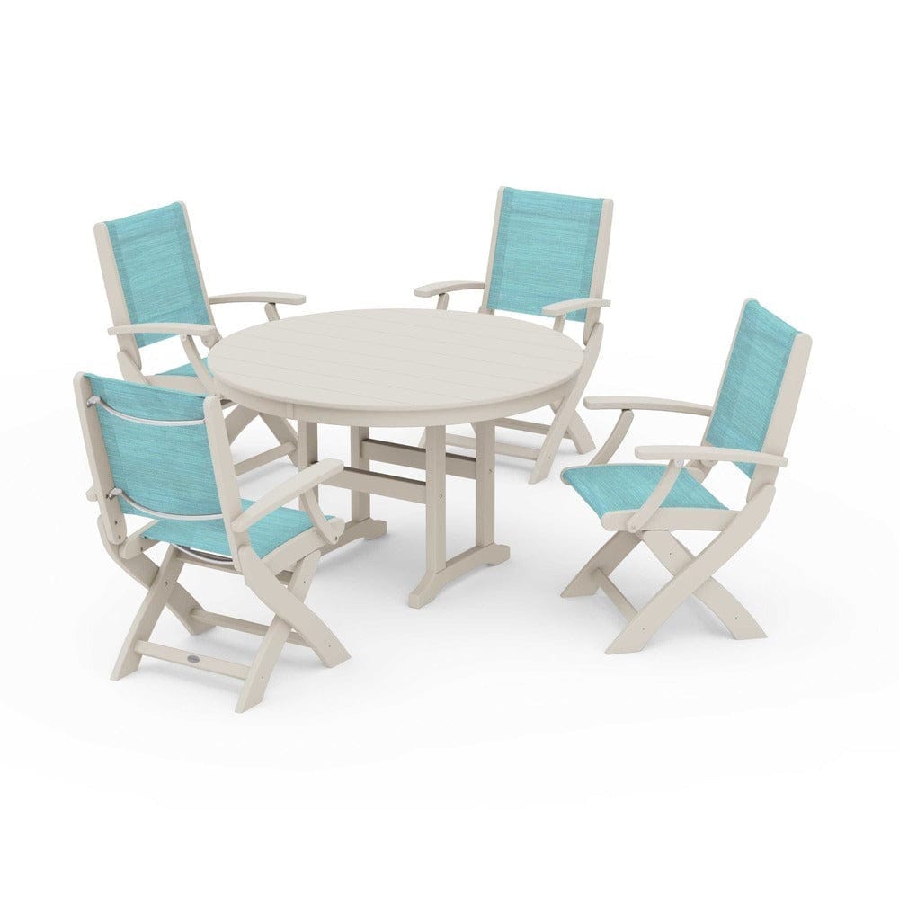POLYWOOD® Outdoor Furniture Sand / Dupioni Aquamarine Sling POLYWOOD® - Coastal Folding Chair 5-Piece Round Dining Set - PWS1357
