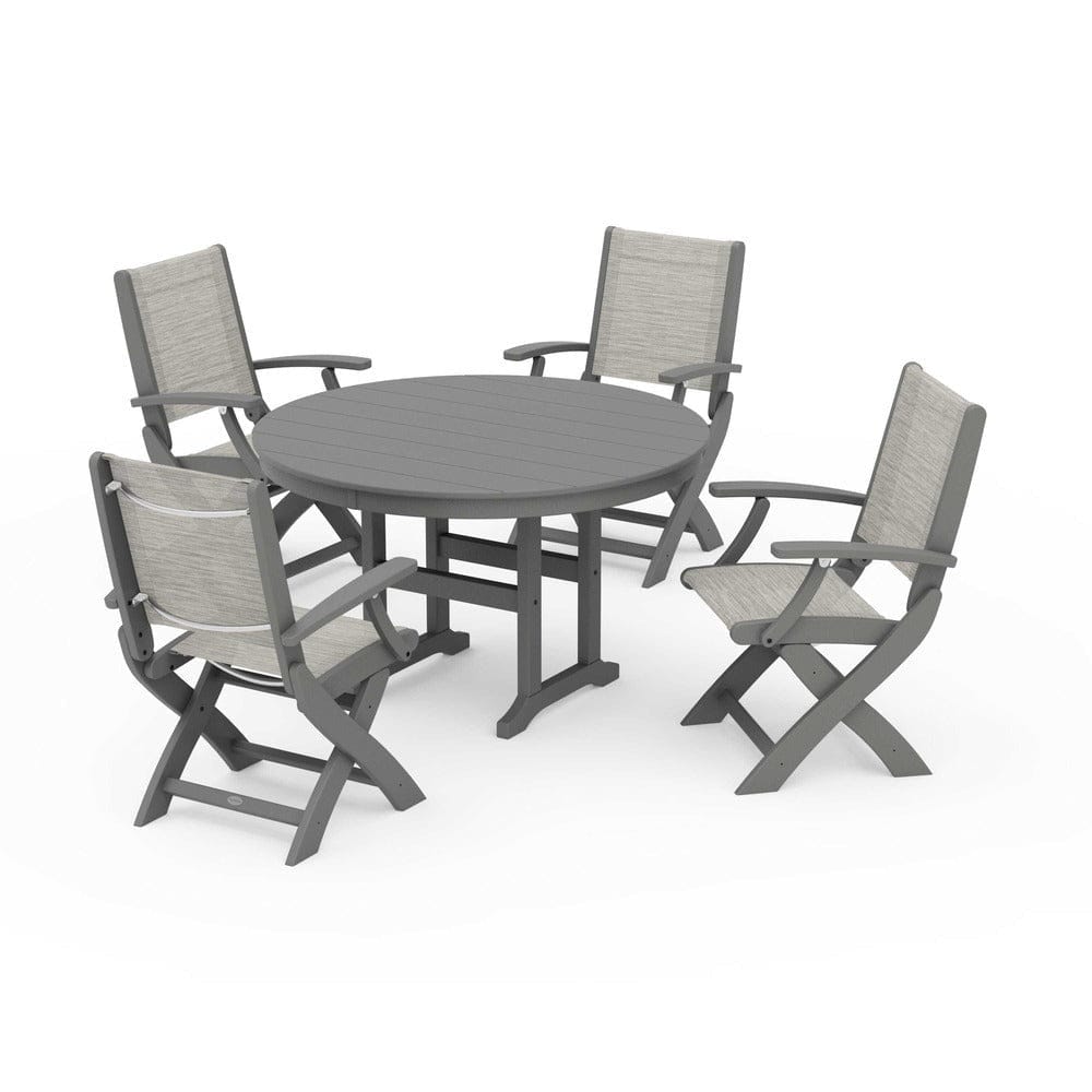 POLYWOOD® Outdoor Furniture Slate Grey / Birch Sling POLYWOOD® - Coastal Folding Chair 5-Piece Round Dining Set - PWS1357
