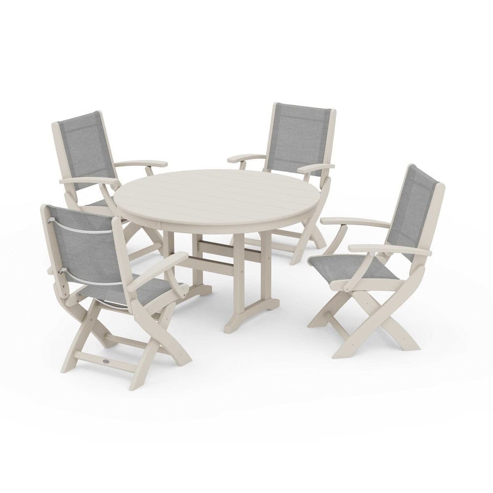 POLYWOOD® Outdoor Furniture Sand / Metallic Sling POLYWOOD® - Coastal Folding Chair 5-Piece Round Dining Set - PWS1357