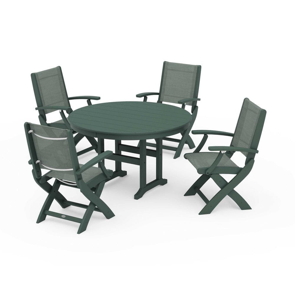 POLYWOOD® Outdoor Furniture Green / Dupioni Sea Mist Sling POLYWOOD® - Coastal Folding Chair 5-Piece Round Dining Set - PWS1357