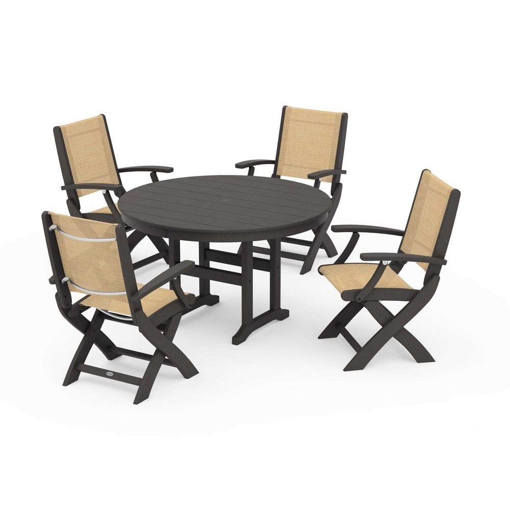 POLYWOOD® Outdoor Furniture Vintage Coffee / Dupioni Apricot Sling POLYWOOD® - Coastal Folding Chair 5-Piece Round Dining Set - PWS1357