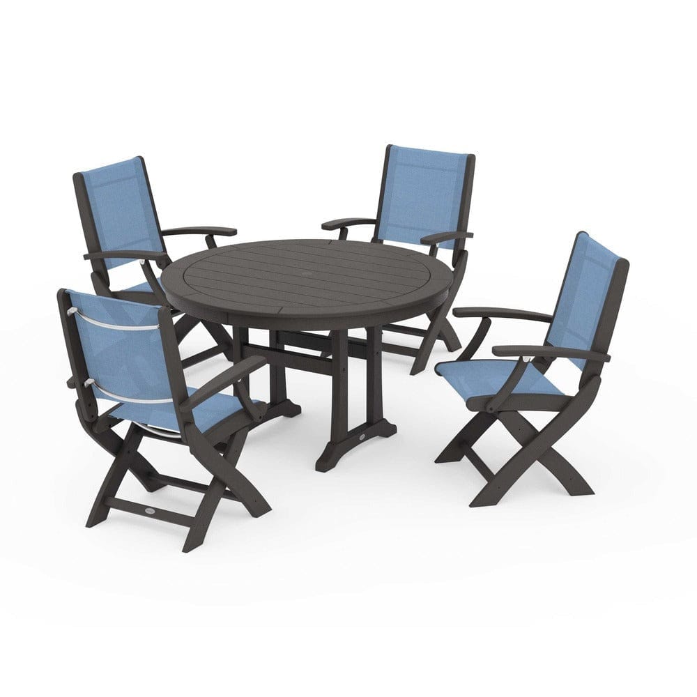 POLYWOOD® Outdoor Furniture Vintage Coffee / Poolside Sling POLYWOOD® - Coastal Folding Chair 5-Piece Round Dining Set with Trestle Legs - PWS1120