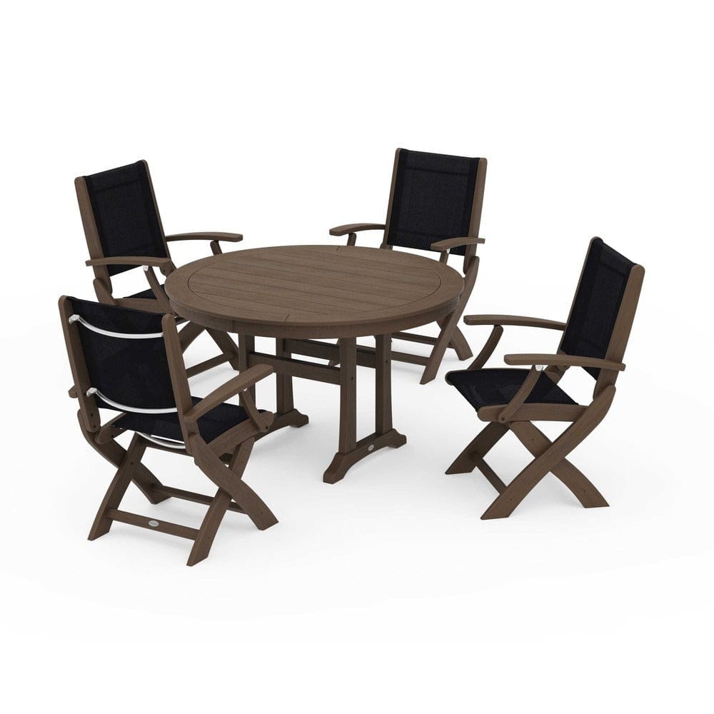 POLYWOOD® Outdoor Furniture POLYWOOD® - Coastal Folding Chair 5-Piece Round Dining Set with Trestle Legs - PWS1120