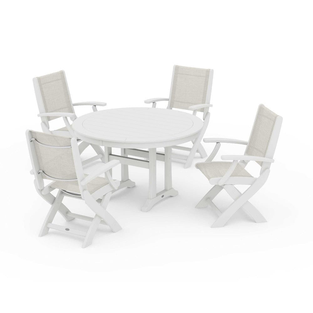 POLYWOOD® Outdoor Furniture POLYWOOD® - Coastal Folding Chair 5-Piece Round Dining Set with Trestle Legs - PWS1120