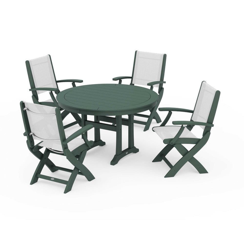 POLYWOOD® Outdoor Furniture Green / White Sling POLYWOOD® - Coastal Folding Chair 5-Piece Round Dining Set with Trestle Legs - PWS1120
