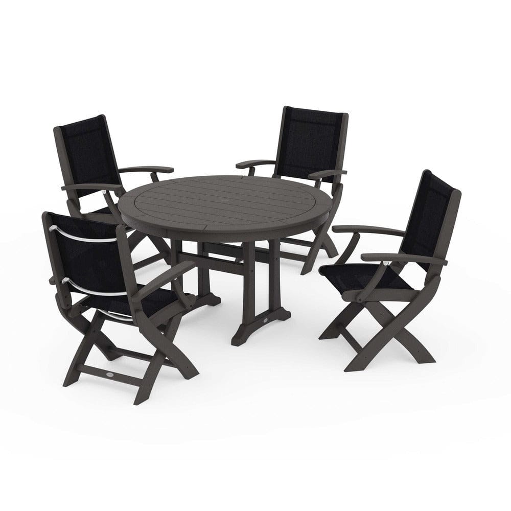 POLYWOOD® Outdoor Furniture Vintage Coffee / Black Sling POLYWOOD® - Coastal Folding Chair 5-Piece Round Dining Set with Trestle Legs - PWS1120