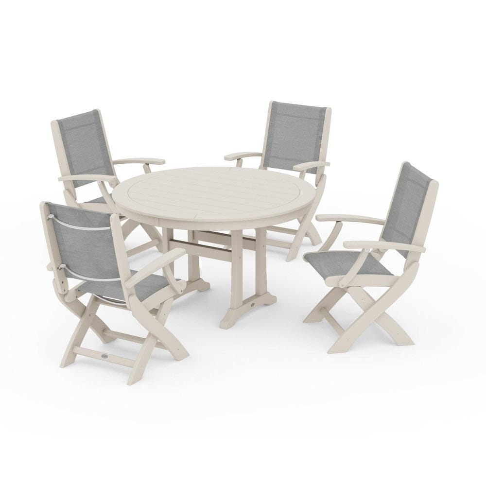 POLYWOOD® Outdoor Furniture Sand / Metallic Sling POLYWOOD® - Coastal Folding Chair 5-Piece Round Dining Set with Trestle Legs - PWS1120