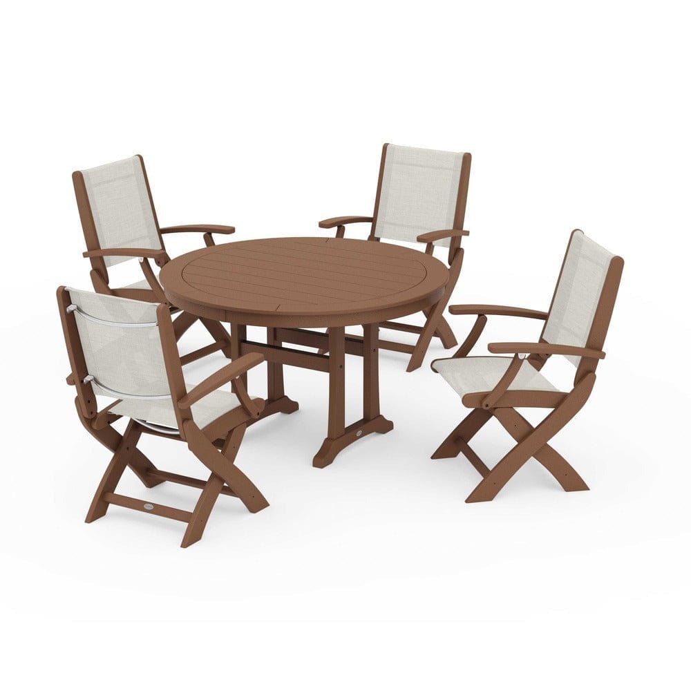 POLYWOOD® Outdoor Furniture Teak / Parchment Sling POLYWOOD® - Coastal Folding Chair 5-Piece Round Dining Set with Trestle Legs - PWS1120