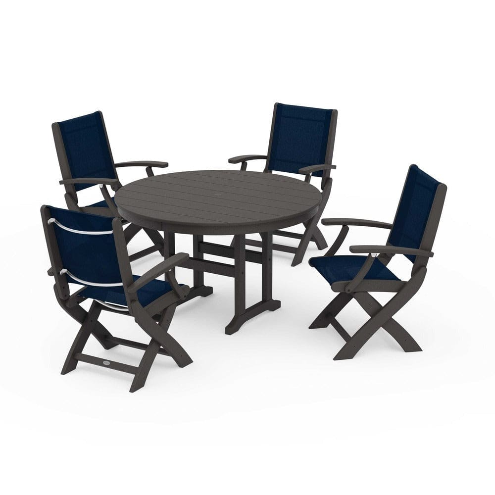 POLYWOOD® Outdoor Furniture Vintage Coffee / Navy Blue Sling POLYWOOD® - Coastal Folding Chair 5-Piece Round Dining Set - PWS1357