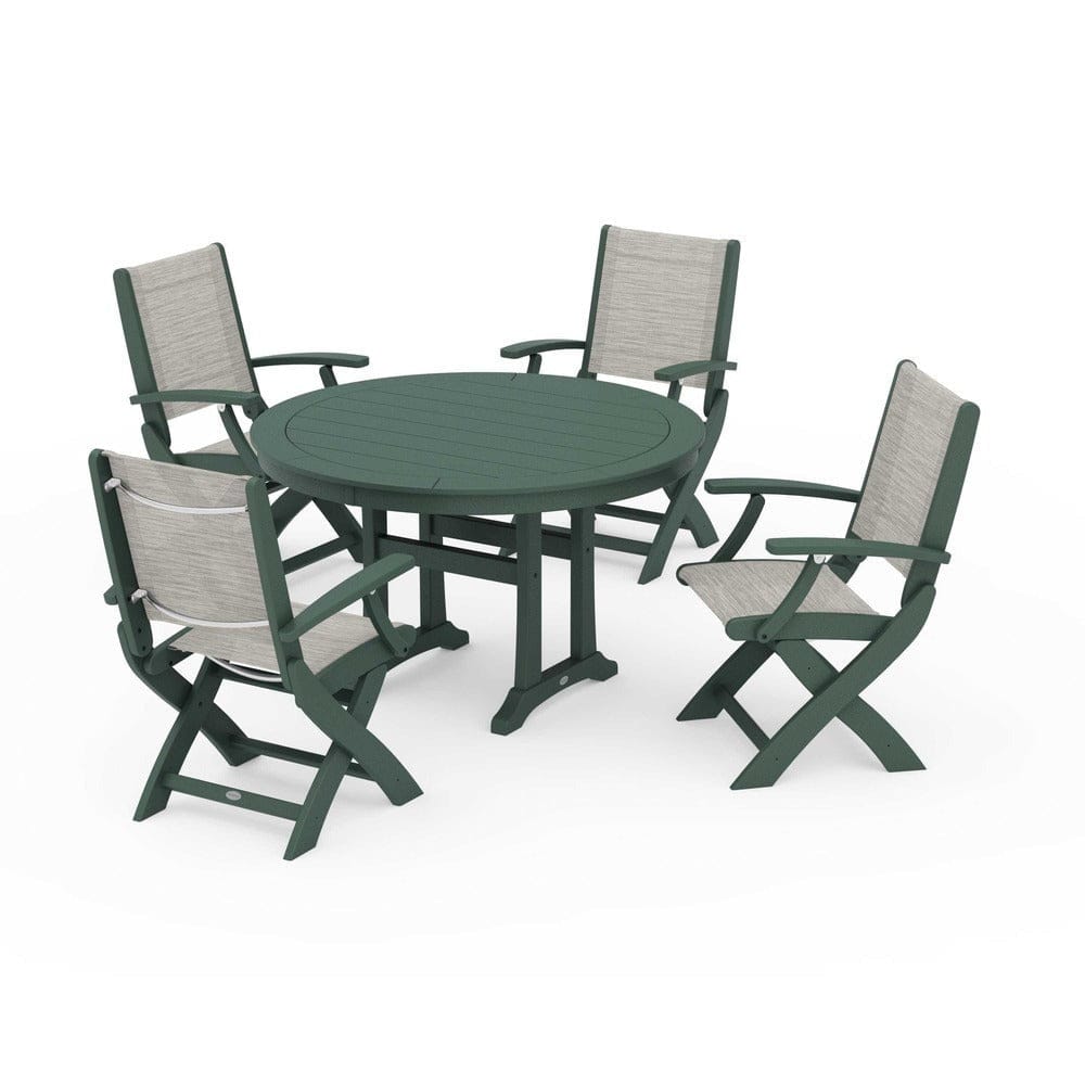 POLYWOOD® Outdoor Furniture Green / Birch Sling POLYWOOD® - Coastal Folding Chair 5-Piece Round Dining Set with Trestle Legs - PWS1120