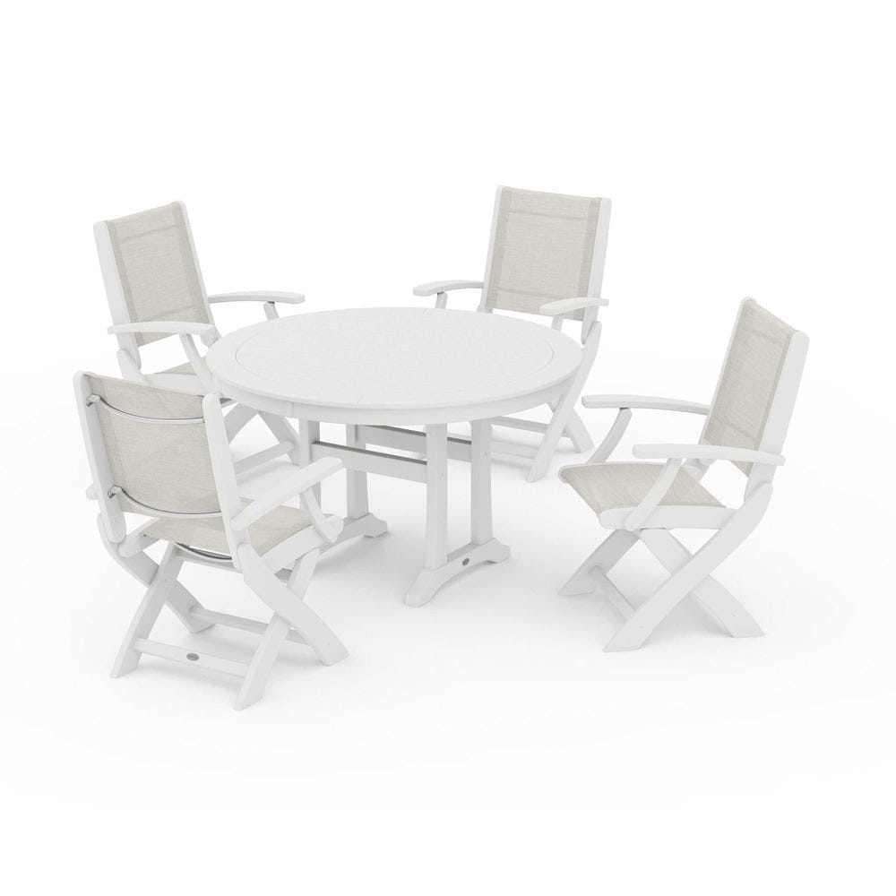 POLYWOOD® Outdoor Furniture White / Parchment Sling POLYWOOD® - Coastal Folding Chair 5-Piece Round Dining Set with Trestle Legs - PWS1120