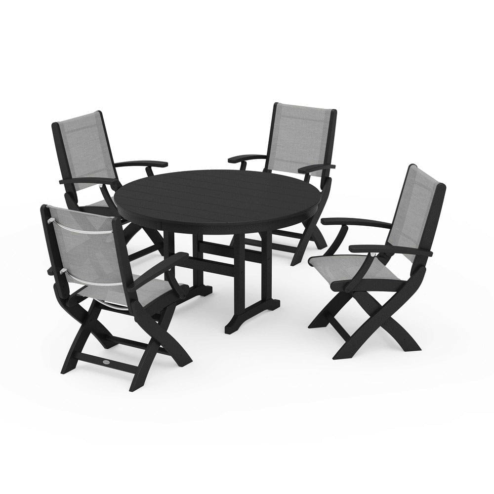 POLYWOOD® Outdoor Furniture Black / Metallic Sling POLYWOOD® - Coastal Folding Chair 5-Piece Round Dining Set - PWS1357
