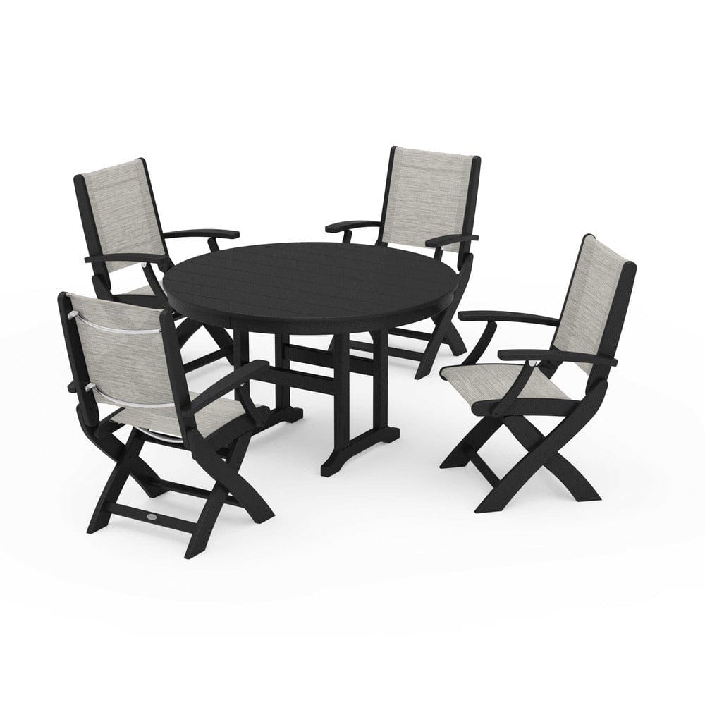 POLYWOOD® Outdoor Furniture Black / Birch Sling POLYWOOD® - Coastal Folding Chair 5-Piece Round Dining Set - PWS1357