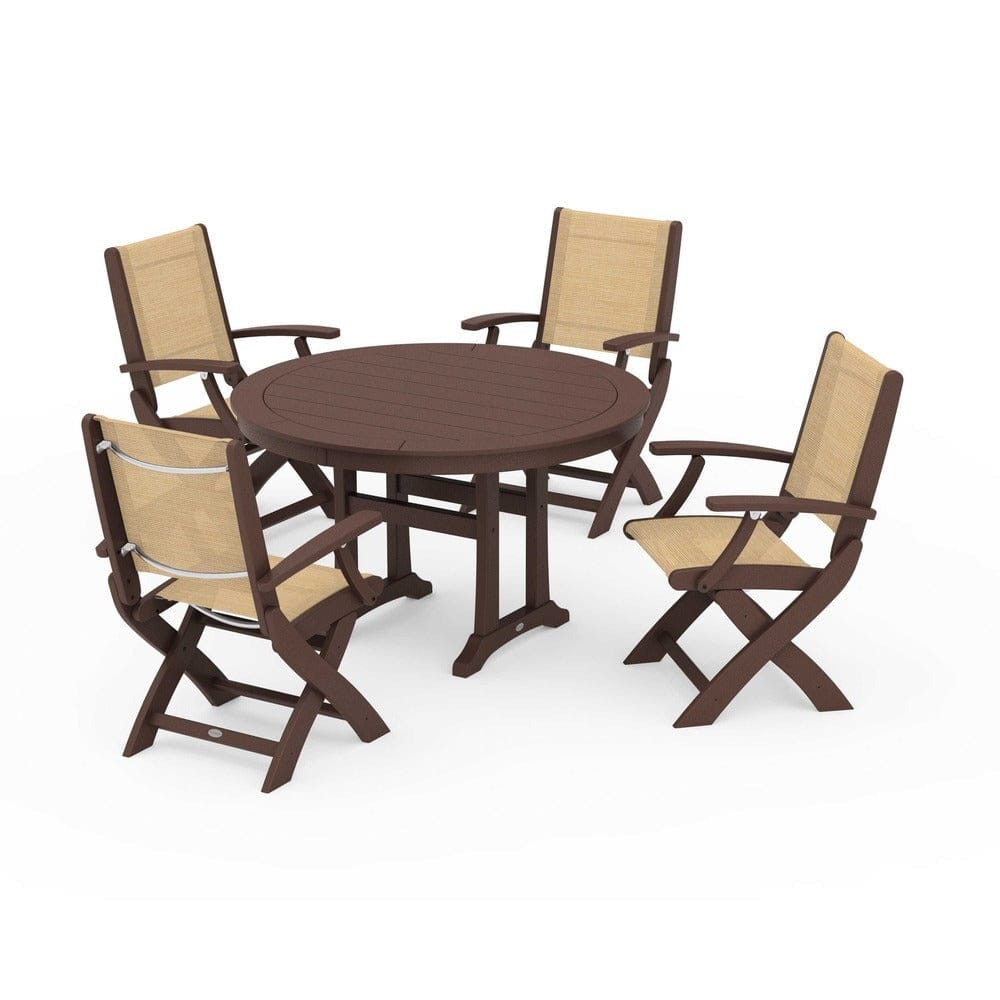 POLYWOOD® Outdoor Furniture Mahogany / Dupioni Apricot Sling POLYWOOD® - Coastal Folding Chair 5-Piece Round Dining Set with Trestle Legs - PWS1120