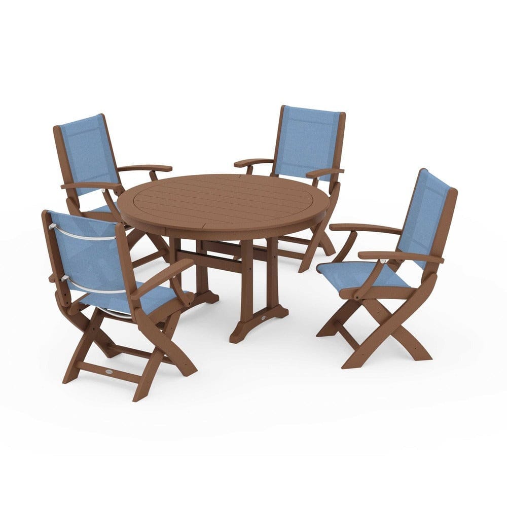 POLYWOOD® Outdoor Furniture Teak / Poolside Sling POLYWOOD® - Coastal Folding Chair 5-Piece Round Dining Set with Trestle Legs - PWS1120
