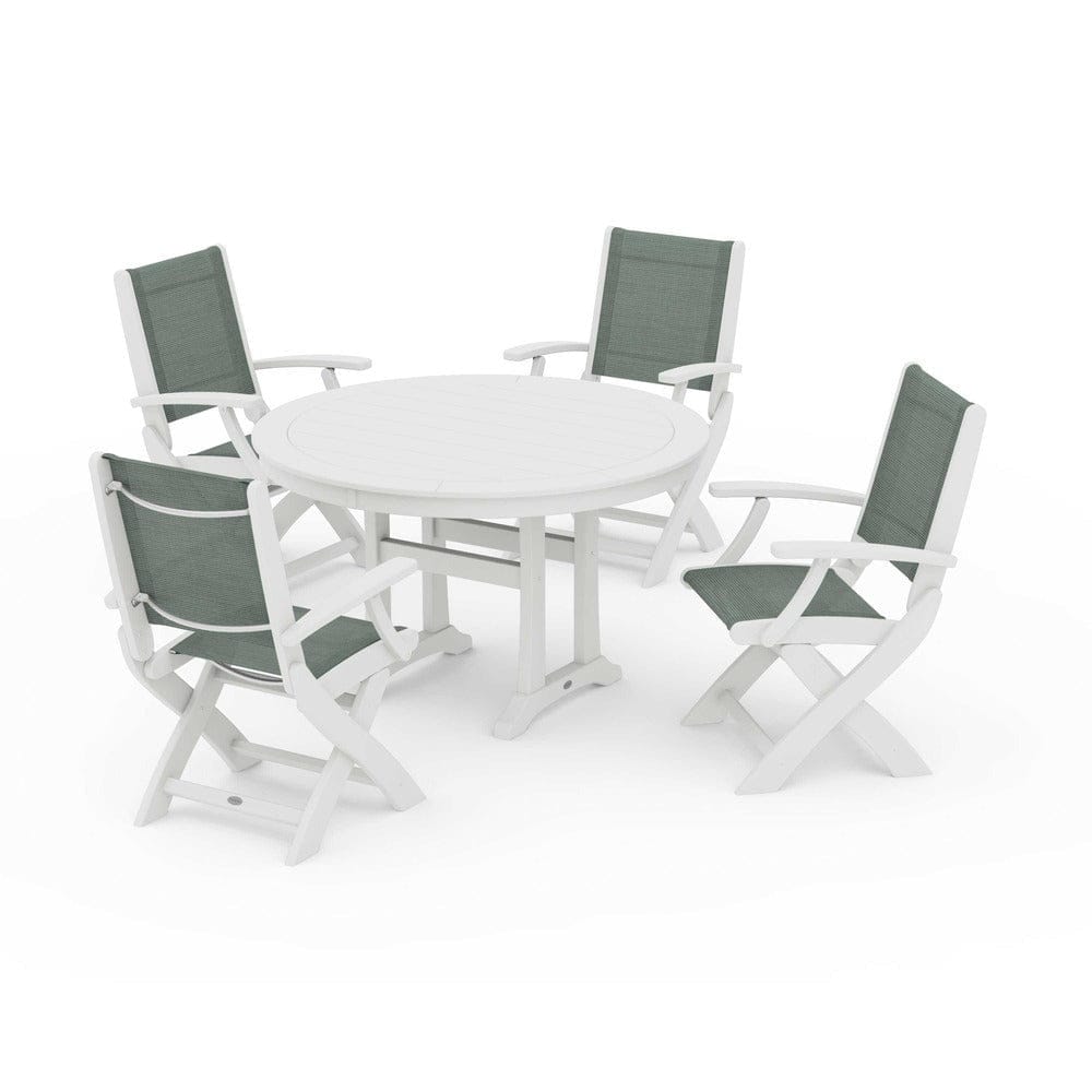 POLYWOOD® - Coastal Folding Chair 5-Piece Round Dining Set with Trestle Legs - PWS1120 Outdoor Furniture POLYWOOD®
