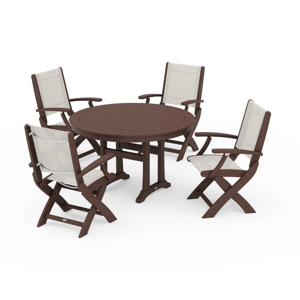 POLYWOOD® Outdoor Furniture Mahogany / Parchment Sling POLYWOOD® - Coastal Folding Chair 5-Piece Round Dining Set with Trestle Legs - PWS1120