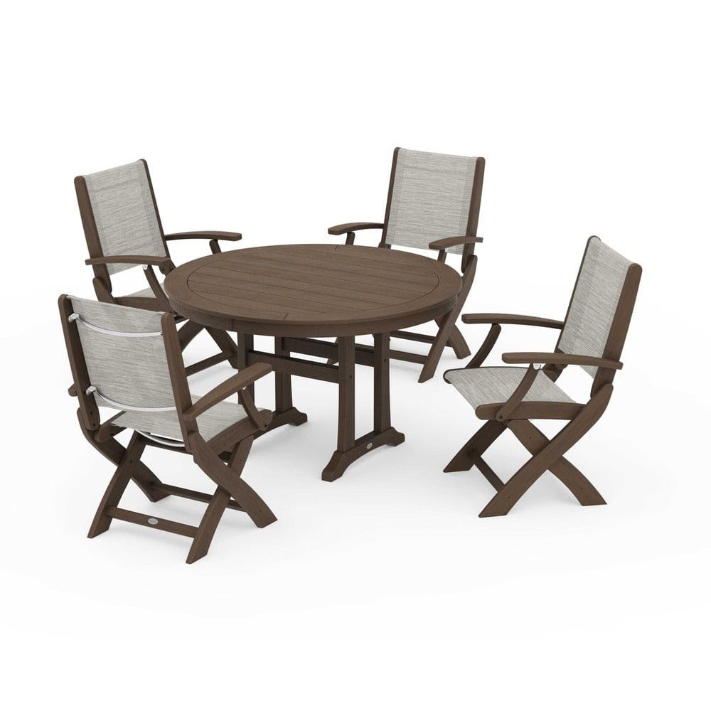 POLYWOOD® Outdoor Furniture POLYWOOD® - Coastal Folding Chair 5-Piece Round Dining Set with Trestle Legs - PWS1120