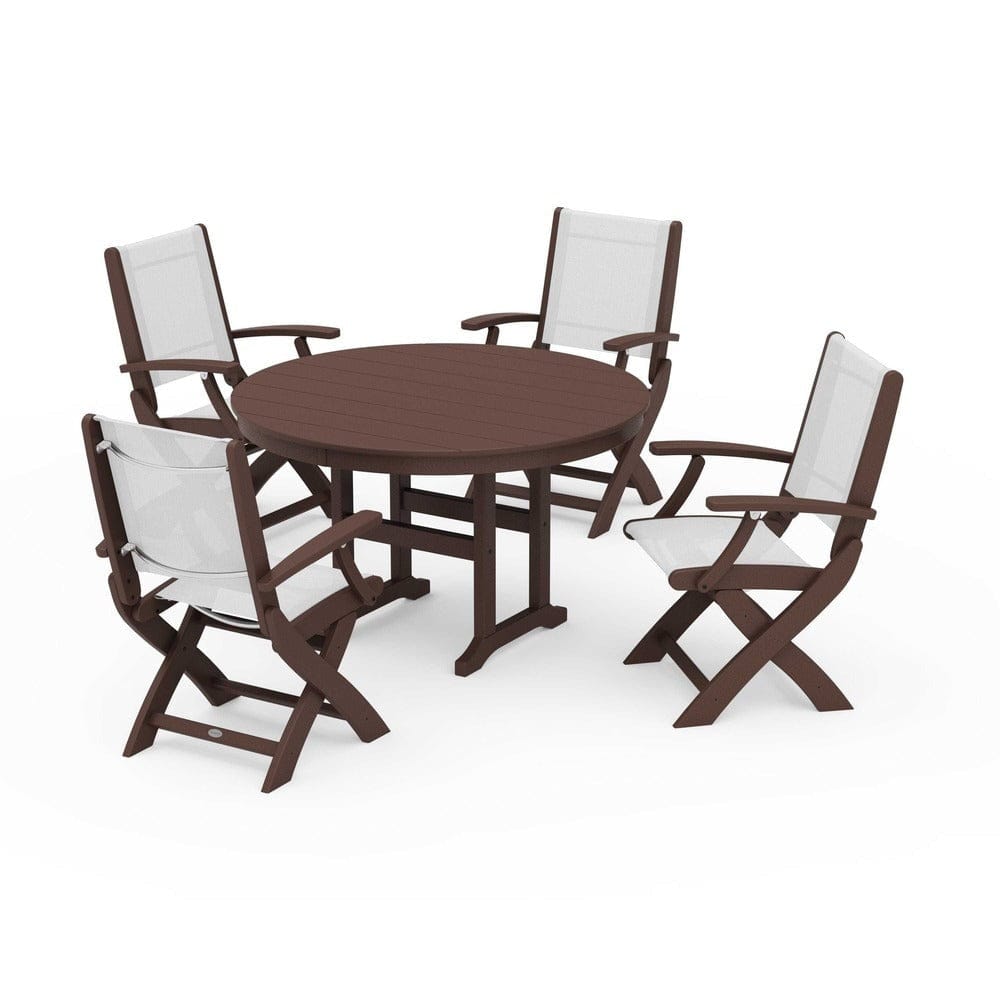 POLYWOOD® Outdoor Furniture Mahogany / White Sling POLYWOOD® - Coastal Folding Chair 5-Piece Round Dining Set - PWS1357